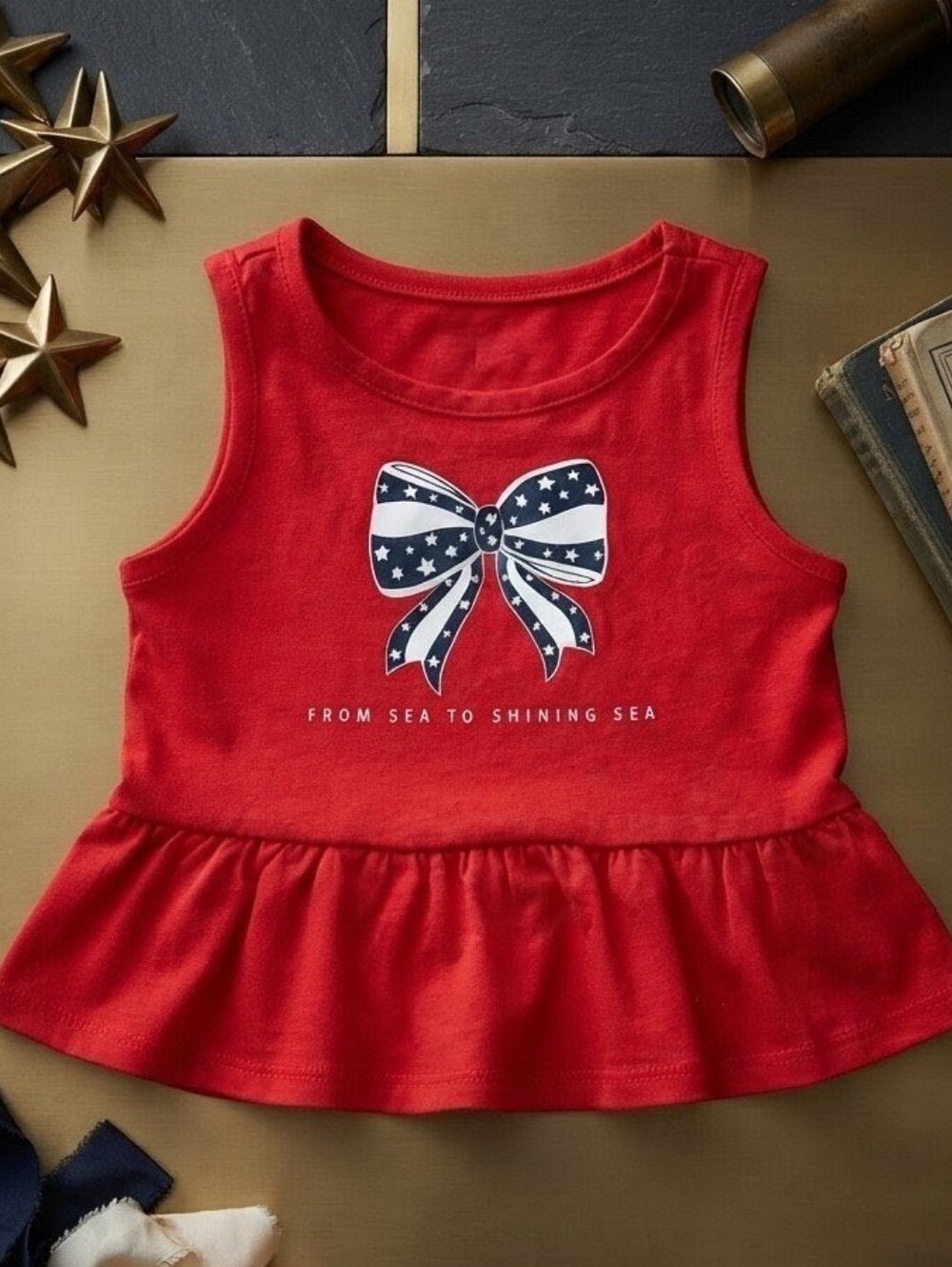 Celebrate It Red Girls' Peplum Tank with Navy Star Bow